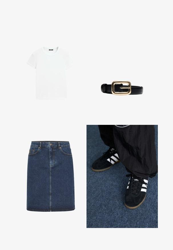 Hvid t-shirt med korte ærmer og rund halsudskæring, lagt fladt på en hvid baggrund.; Mørkeblå denimnederdel med lige snit, der har lukning med knapper foran, bæltestropper og to forlommer. Blød tekstur og synlige syninger.; Sorte suedetrainingssko med tre hvide striber og sorte snørebånd. Et tekstureret sort bukser er delvist synligt ved siden af skoene.; Sort læderbælte med stor firkantet guldfarvet spænde på hvid baggrund.