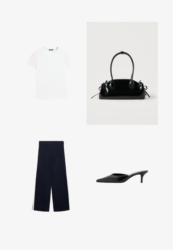 T-shirt blanc uni à manches courtes avec un col rond, posé à plat sur un fond blanc.; Pantalon large bleu marine avec taille haute et rayures blanches sur les côtés, posé à plat sur un fond blanc.; Mule en cuir noir à bout pointu, avec un petit talon fin et un design sans contrefort pour enfiler facilement.; Petit sac à main noir brillant avec deux longues anses et des détails à cordon sur les côtés sur un fond clair uni.