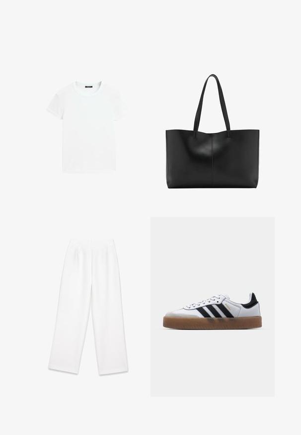 T-shirt blanc uni à manches courtes avec un col rond, posé à plat sur un fond blanc.; Pantalon blanc à jambes larges avec une texture lisse, comportant des plis avant, une fermeture éclair et des passants de ceinture. Aucuns motifs ou accents visibles.; Baskets en cuir blanc avec des rayures noires, semelle extérieure en caoutchouc beige, bout rond, fermeture lacée et embout en suède gris doux.; Sac fourre-tout en cuir noir avec deux longues poignées, un design épuré et des détails de couture subtils sur la couture centrale. Texture lisse.