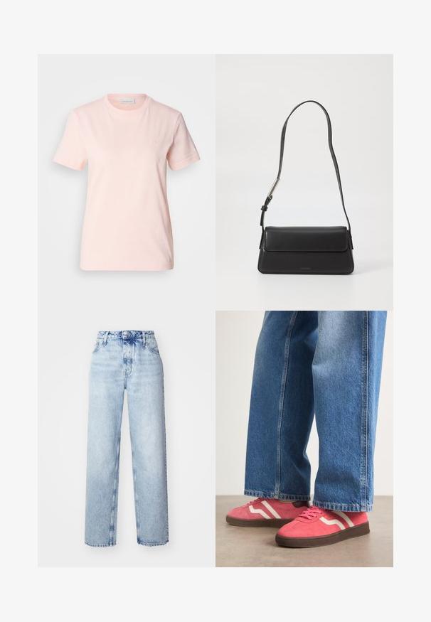 Camiseta de algodón rosa claro con cuello redondo. Presenta mangas cortas y un pequeño logo "ck" bordado en el pecho. Textura suave.; Jeans de tiro alto color azul claro con un corte holgado, que cuentan con piernas rectas, cinco bolsillos y un cierre clásico de botones y cremallera.; Zapatillas de ante rosa con rayas blancas onduladas y suelas de goma marrón, combinadas con unos vaqueros de pierna ancha de color azul claro.; Bolso de mano de cuero negro con forma rectangular y solapa plegable. Presenta una correa delgada y una marca mínima en la parte delantera.