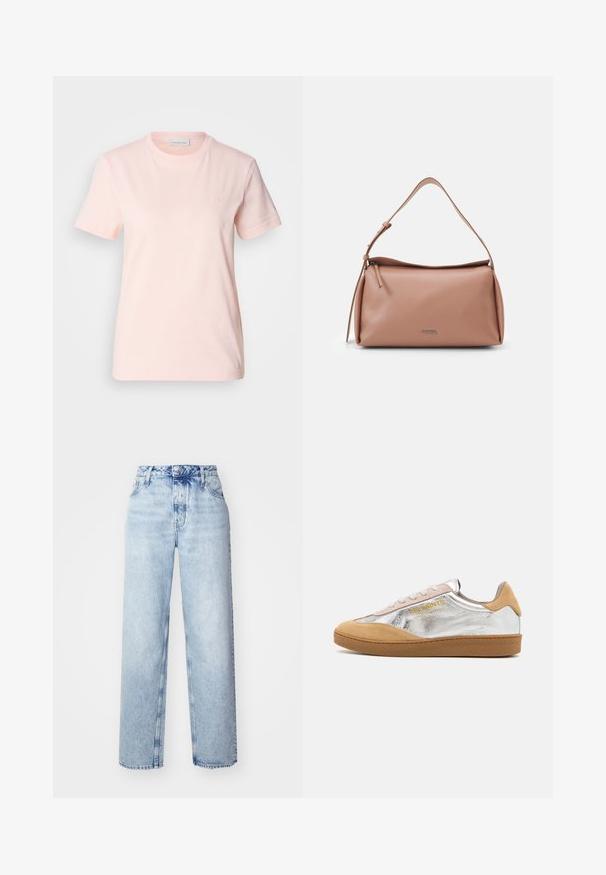 Lichtroze katoenen t-shirt met een ronde halslijn. Beschikt over korte mouwen en een klein "ck" logo geborduurd op de borst. Zachte textuur.; Lichtblauwe high-waisted jeans met een losse pasvorm, met rechte pijpen, vijf zakken en een klassieke knoop- en ritssluiting.; Zilveren en tan suède sneakers met een gestructureerde rubberen zool, beige veters en een gele logo-print aan de zijkant.; Calvin Klein GRACIE SHOULDER BAG - Handtas - ash rose