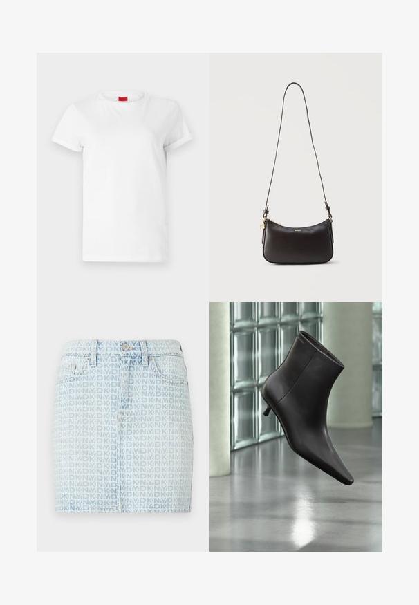 Weißes Kurzarm-T-Shirt aus leichtem Baumwollstoff. Hat einen runden Halsausschnitt und umgeschlagene Ärmel. Rotes Logo-Tag am Kragen.; Jeansrock in Hellblau mit einem durchgehenden weißen Logomuster. Klassisches Fünf-Taschen-Design mit einem Knopfverschluss vorn.; Schwarzer Leder-Knöchelstiefel mit spitzer Spitze und kleinem Absatz vor einer Wand aus Glasbausteinen und einem polierten Boden.; Schwarze Lederschultertasche mit goldenem Reißverschluss, goldenem "BOSS"-Logo und verstellbarem Riemen auf einfachem hellem Hintergrund.