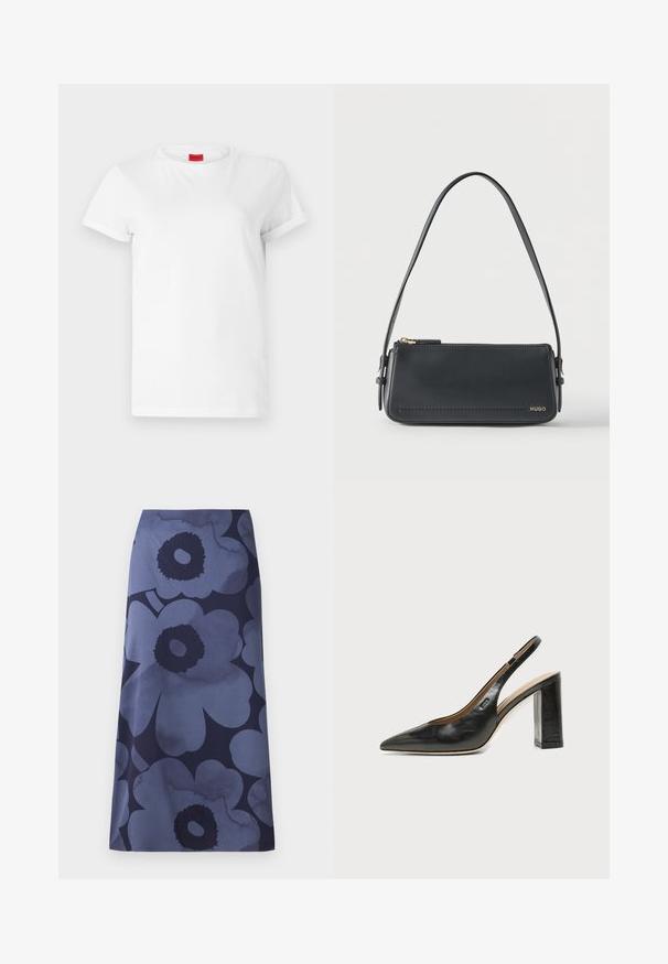 Camiseta blanca de manga corta hecha de algodón ligero. Presenta un escote redondo y mangas enrolladas. Etiqueta de logo roja en el cuello.; Falda midi con estampado floral que presenta grandes flores azul oscuro sobre un fondo azul más claro; la tela parece suave con una textura ligeramente brillante.; Zapato slingback negro de cuero con punta afilada, tacón cuadrado y un pequeño logo en el lateral, sobre un fondo blanco liso.; Bolso de hombro rectangular de cuero negro con cremallera dorada y pequeño logo dorado "HUGO" en el frente, con una correa ajustable con hebilla.
