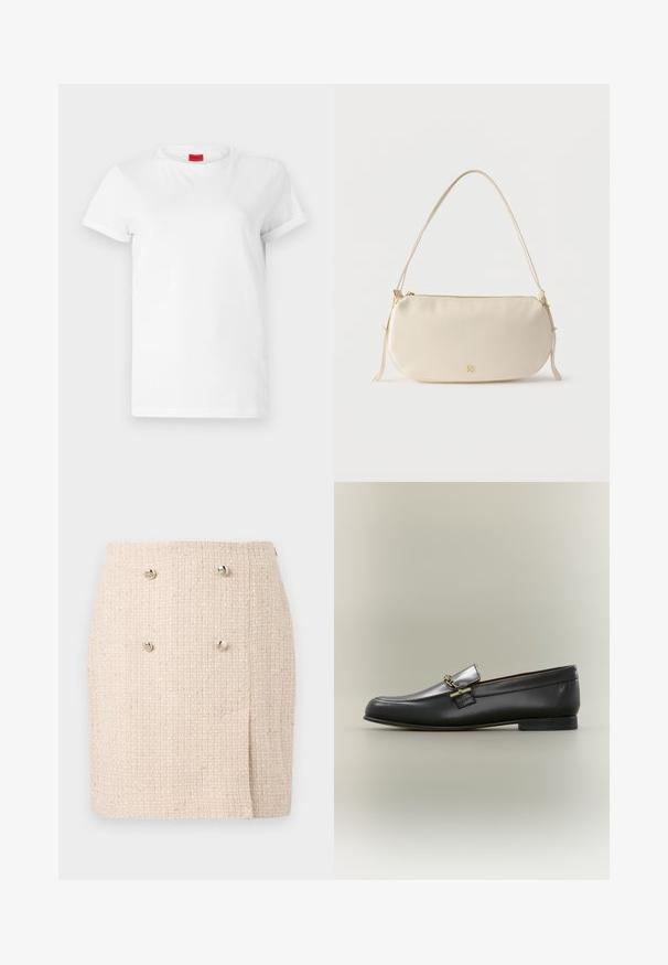 T-shirt blanc à manches courtes en coton léger. Présente un col rond et des manches retroussées. Étiquette logo rouge sur le col.; Jupe beige texturée avec un motif tissé, dotée de deux boutons argentés proéminents à l'avant et d'un ourlet légèrement asymétrique.; Mocassin en cuir noir avec dessus argenté, détail de chaîne dorée, petit talon et bout arrondi sur fond neutre.; Petit sac à épaule de couleur crème avec une seule sangle, fermeture éclair et logo de marque doré discret à l'avant.