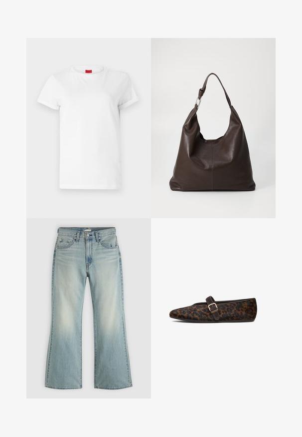 Witte T-shirt met korte mouwen, gemaakt van lichtgewicht katoen. Heeft een ronde hals en opgerolde mouwen. Rode merketiket op de kraag.; Lichtblauwe spijkerbroek met een hoge taille, knoop- en ritssluiting aan de voorkant, vijf zakken en licht uitlopende pijpen.; Leopardprint platte schoenen van bont met een spitse neus, voorzien van een donkerbruine accentriem en een metalen gespdetails. Rond hiel.; Zign by Zalando LEATHER - Shopper - chocolate brown