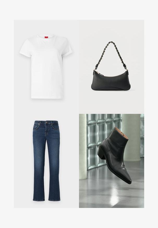 Hvid kortærmet t-shirt lavet af letvægts bomuld. Har en rund halsudskæring og rullede ærmer. Rød logoetiket på kraven.; Mørkeblå denim jeans med lige ben, der har frontlommer, lynlås og bløde falmede områder langs lårerne.; Sort læderankelstøvle med spids tå og blokhæl, der svæver over en reflekterende grå gulv nær en væg af glasblokke.; Sort skuldertaske i læder med en buet rektangulær form, gyldent kæde vævet ind i en flettet sort rem og toplynlås.