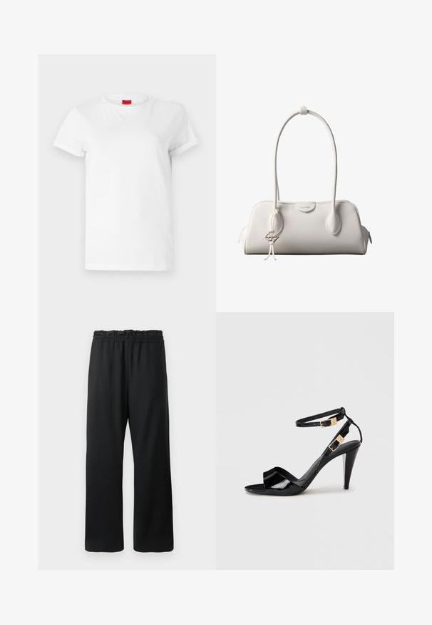 Weißes Kurzarm-T-Shirt aus leichtem Baumwollstoff. Hat einen runden Halsausschnitt und umgeschlagene Ärmel. Rotes Logo-Tag am Kragen.; Schwarze Hose mit weitem Bein, elastischem Bund mit Kordelzug und glattem, leichtem Stoff. Enthält Seitentaschen.; Schwarze, lackierte High-Heeled-Sandalen mit doppelten Knöchelriemen und goldenen Schnallen, Zehen offen und schlankem, spitz zulaufendem Absatz auf neutralem Hintergrund.; Weiße Calvin Klein Schultertasche mit langen Griffen, rechteckiger Form, Reißverschluss und dekorativem Logo-Anhänger, der in der Nähe des Griffs hängt.