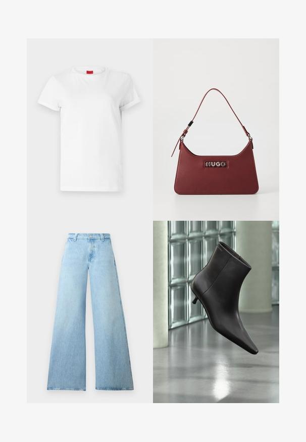 Witte T-shirt met korte mouwen, gemaakt van lichtgewicht katoen. Heeft een ronde hals en opgerolde mouwen. Rode merketiket op de kraag.; Lichtblauwe wijd-uitlopende jeans gemaakt van denim met een hoge taille, voorzien van een knoopsluiting en vijf zakken. Gladde textuur met een casual silhouet.; Zwarte leren enkellaars met puntige neus en lage hak, afgebeeld tegen een glazen blokkenmuur en gepolijste vloer op de achtergrond.; Kleine rechthoekige bordeauxrode leren handtas met een verstelbare schouderband en een zilveren "HUGO" logo plaatje aan de voorkant.