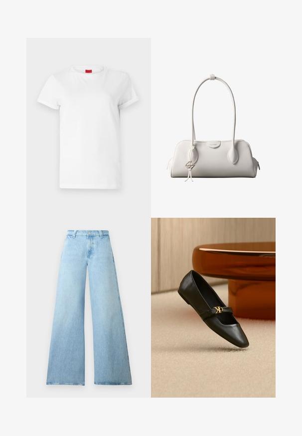 Camiseta blanca de manga corta hecha de algodón ligero. Presenta un escote redondo y mangas enrolladas. Etiqueta de logo roja en el cuello.; Jeans de pierna ancha de un azul claro, hechos de denim, con una cintura alta, que presentan un cierre de botón y cinco bolsillos. Textura suave con una silueta casual.; Zapato plano de cuero negro con puntera puntiaguda y logo dorado de CK en la correa, colocado sobre una alfombra beige cerca de una mesa redonda marrón ámbar.; Bolso de hombro blanco de Calvin Klein con asas largas, forma rectangular, cierre de cremallera y charm decorativo con el logo colgando cerca del asa.