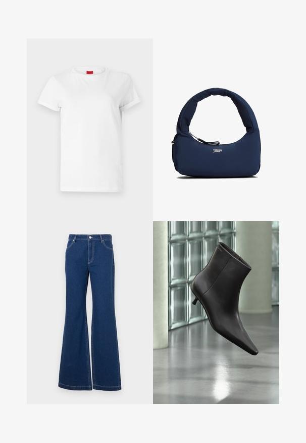 Weißes Kurzarm-T-Shirt aus leichtem Baumwollstoff. Hat einen runden Halsausschnitt und umgeschlagene Ärmel. Rotes Logo-Tag am Kragen.; Dunkelblaue Schlagjeans aus Denim. Merkmale sind Gürtelschlaufen, Fronttaschen und kontrastierende Nähte. Weite Beinausschnitte.; Schwarzer Leder-Knöchelstiefel mit spitzer Spitze und kleinem Absatz vor einer Wand aus Glasbausteinen und einem polierten Boden.; Marineblaue, wattierte Schultertasche mit gebogenem Griff und einer vorderen Reißverschlusstasche, mit weißem "tommy jeans"-Logo in der vorderen Mitte.