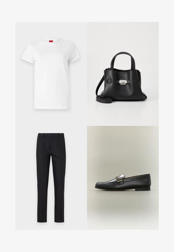 Camiseta blanca de manga corta hecha de algodón ligero. Presenta un escote redondo y mangas enrolladas. Etiqueta de logo roja en el cuello.; Pantalones negros ajustados con corte slim, parte delantera plana y dos bolsillos traseros. Confeccionados con un tejido suave y un detalle de costura sutil a lo largo de las costuras.; Mocasín de cuero negro con parte superior plateada, detalle de cadena dorada, tacón bajo y puntera redondeada sobre fondo neutro.; Bolso de mano de cuero negro con un acabado texturizado, que cuenta con dos asas superiores, una correa de hombro desmontable y un detalle de broche plateado.