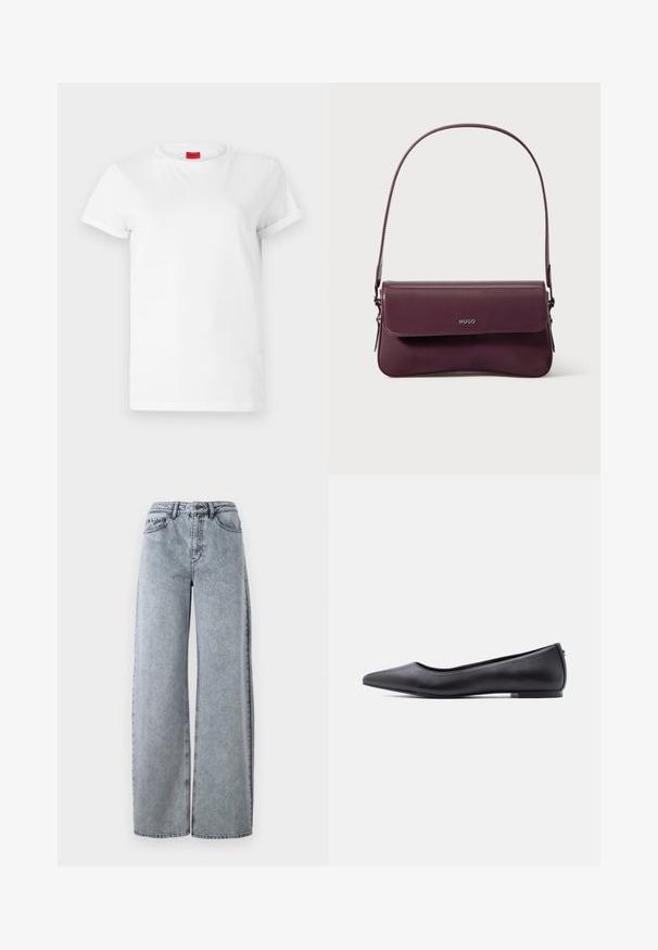 Hvid kortærmet t-shirt lavet af letvægts bomuld. Har en rund halsudskæring og rullede ærmer. Rød logoetiket på kraven.; Lysvasket denim brede bukser med høj talje, der har forlommer, bæltestropper og kontrastsyninger.; Sort flad lædersko med spidst tåparti og lav hæl, vist i sideprofil mod en hvid baggrund.; Bordeauxfarvet lædertaske med et struktureret design, der har en klaplukning og en justerbar rem. Logo detaljer præget på forsiden.