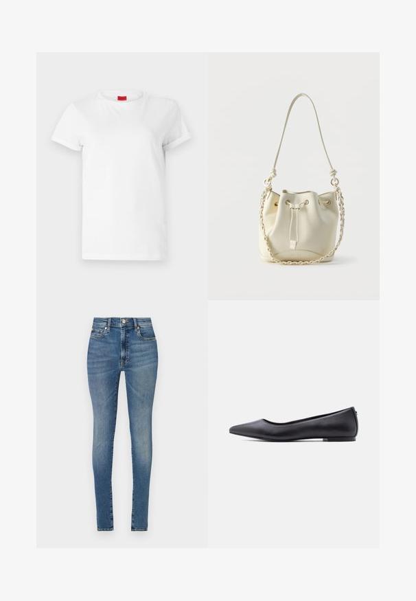 Witte T-shirt met korte mouwen, gemaakt van lichtgewicht katoen. Heeft een ronde hals en opgerolde mouwen. Rode merketiket op de kraag.; Hoge taille skinny jeans in lichtblauwe denim, met vijf zakken, riemlussen en een rits met knoopsluiting.; Zwarte platte leren schoen met puntige neus en lage hak, zijaanzicht tegen een witte achtergrond.; Crèmekleurige leren buideltas met trekkoordsluiting, gevlochten ketting- en leren schouderriem, en goudkleurige oogringen.