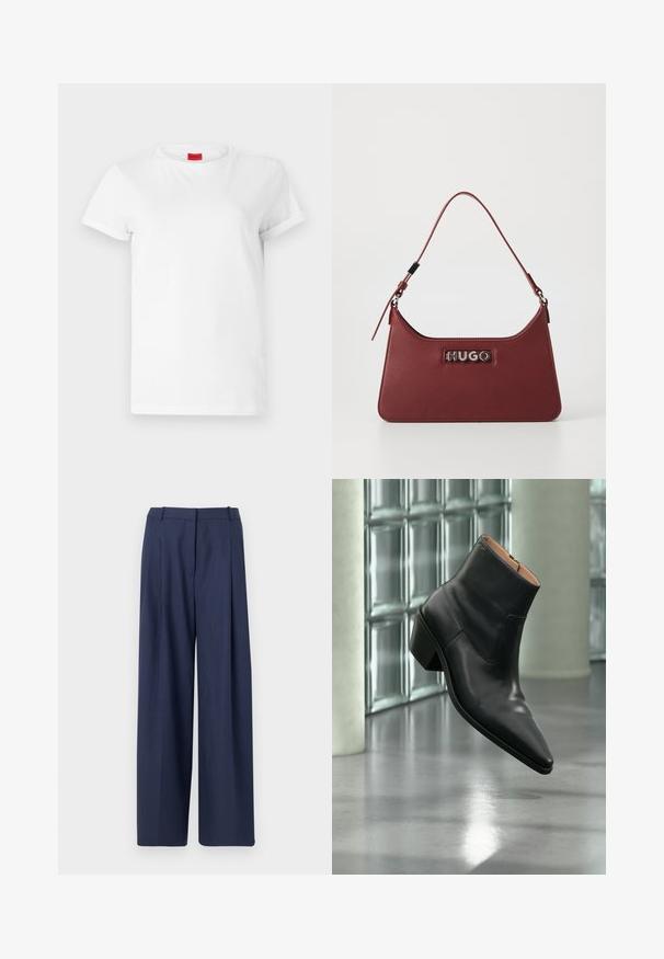 Witte T-shirt met korte mouwen, gemaakt van lichtgewicht katoen. Heeft een ronde hals en opgerolde mouwen. Rode merketiket op de kraag.; Navyblauwe wijde broek gemaakt van een gestructureerde stof, met een geplooide voorkant en een gestructureerde tailleband met riemlussen.; Zwarte leren enkellaars met een spitse neus en blokhak die zweeft boven een reflecterende grijze vloer nabij een glazen blokmuur.; Kleine rechthoekige bordeauxrode leren handtas met een verstelbare schouderband en een zilveren "HUGO" logo plaatje aan de voorkant.