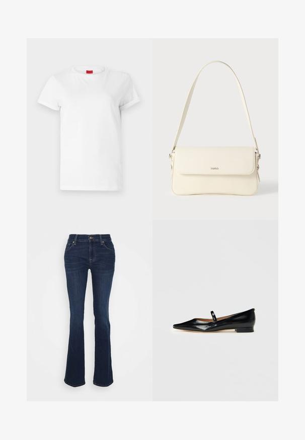 Hvid kortærmet t-shirt lavet af letvægts bomuld. Har en rund halsudskæring og rullede ærmer. Rød logoetiket på kraven.; Mørkeblå udvidede jeans lavet af denim; høj talje, fem lommer, guld hardware accenter og glat tekstur med subtil fading ved lårene.; Sorte patenterede læder Mary Jane flade sko med spids tå, én rem og lav hæl på ensfarvet baggrund.; Cremefarvet læder skuldertaske med flaplukning, sølvfarvet beslag, en enkelt justerbar rem og diskrete logodetaljer.