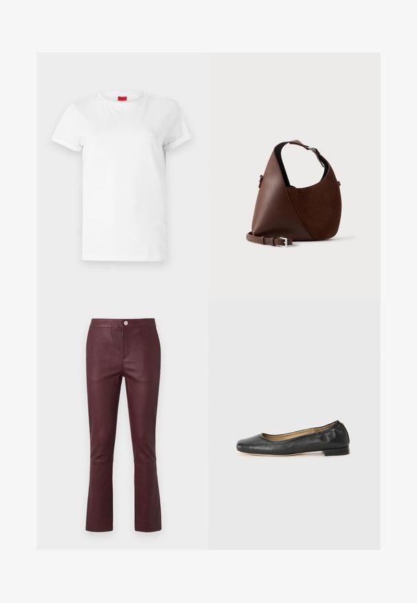 T-shirt blanc à manches courtes en coton léger. Présente un col rond et des manches retroussées. Étiquette logo rouge sur le col.; Pantalons en simili cuir bordeaux avec une coupe slim, ourlet évasé, poches latérales et fermeture à bouton en métal à la taille. Texture lisse.; Ballerines en cuir noir avec un bout arrondi et des coutures minimales. Talon bas et rectangulaire avec une texture lisse. Détails subtils de doublure intérieure.; Sac à épaule en cuir et daim marron avec une forme arrondie, une sangle réglable et un détail de boucle argentée sur un fond clair uni.
