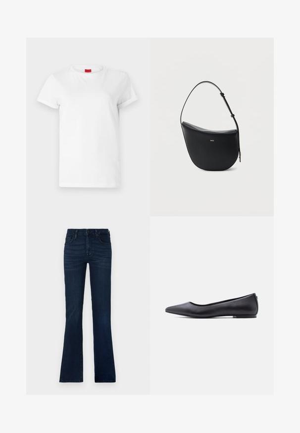 Witte T-shirt met korte mouwen, gemaakt van lichtgewicht katoen. Heeft een ronde hals en opgerolde mouwen. Rode merketiket op de kraag.; Donkerblauwe flared jeans van denim. Beschikt over vijf zakken, een knoopsluiting en subtiele vervaging langs de dijen.; Zwarte platte leren schoen met puntige neus en lage hak, zijaanzicht tegen een witte achtergrond.; Zwarte halfmaansvormige leren schoudertas met verstelbare riem en goudkleurig "BOSS"-logo middenvoor.