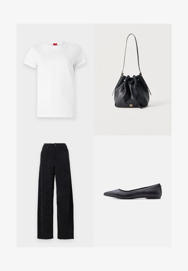 Weißes Kurzarm-T-Shirt aus leichtem Baumwollstoff. Hat einen runden Halsausschnitt und umgeschlagene Ärmel. Rotes Logo-Tag am Kragen.; Schwarze Corduroy-Hosen mit weitem Bein und hohem Bund, ausgestattet mit zwei Fronttaschen und feiner vertikaler Rippstruktur.; Schwarzer flacher Lederschuh mit spitzer Kappe und niedrigem Absatz, seitlich vor weißem Hintergrund gezeigt.; Schwarze Leder-Bucket-Bag mit Kordelzugverschluss, einzelne Schulterriemen und kleinem goldfarbenem "HUGO"-Logo in der Mitte vorne.