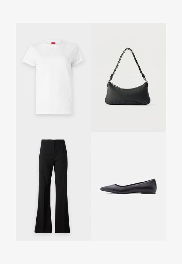 Camiseta blanca de manga corta hecha de algodón ligero. Presenta un escote redondo y mangas enrolladas. Etiqueta de logo roja en el cuello.; Pantalones de campana negros hechos de una tela suave, con cintura alta, pliegues delanteros y un acabado limpio en los bajos.; Zapato plano de cuero negro con punta puntiaguda y tacón bajo, mostrado de perfil contra un fondo blanco.; Bolso de hombro de cuero negro con forma rectangular curvada, cadena dorada entrelazada en una correa negra trenzada y cierre superior con cremallera.