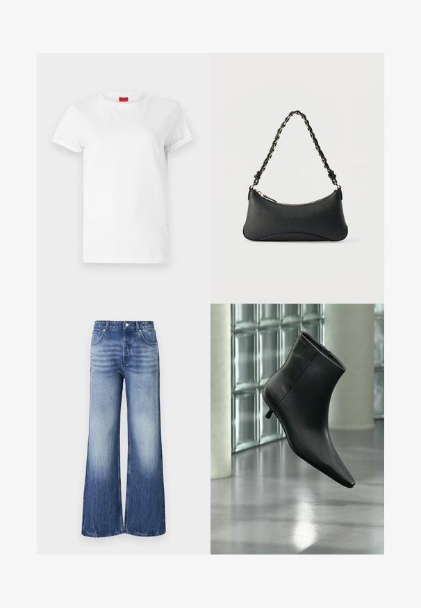 Camiseta blanca de manga corta hecha de algodón ligero. Presenta un escote redondo y mangas enrolladas. Etiqueta de logo roja en el cuello.; Vaqueros de pierna ancha color azul claro, hechos de denim, con cintura alta, textura desgastada y parche de la marca en el bolsillo trasero.; Botín negro de cuero con punta puntiaguda y tacón bajo estilo kitten, mostrado en ángulo sobre un suelo pulido y con una pared de bloques de vidrio de fondo.; Bolso de hombro de cuero negro con forma rectangular curvada, cadena dorada entrelazada en una correa negra trenzada y cierre superior con cremallera.