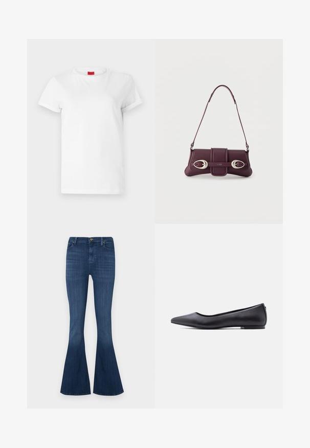 Hvid kortærmet t-shirt lavet af letvægts bomuld. Har en rund halsudskæring og rullede ærmer. Rød logoetiket på kraven.; Denim flared jeans i en mørkeblå vask, med en tætsiddende talje, fem lommer og en klassisk knaplukning. Glat tekstur med let stræk.; Sort flad lædersko med spidst tåparti og lav hæl, vist i sideprofil mod en hvid baggrund.; Mørkelilla skuldertaske i læder med sølvfarvede ovale spænder og "HUGO"-logo på frontklappen, tynd rem, minimalistisk design.