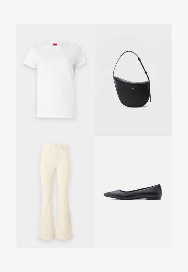 Weißes Kurzarm-T-Shirt aus leichtem Baumwollstoff. Hat einen runden Halsausschnitt und umgeschlagene Ärmel. Rotes Logo-Tag am Kragen.; Cremfarbene, ausgestellte Jeans aus Baumwolle mit hoher Taille, Knopfverschluss und klaren Linien ohne sichtbare Muster oder Akzente.; Schwarzer flacher Lederschuh mit spitzer Kappe und niedrigem Absatz, seitlich vor weißem Hintergrund gezeigt.; Schwarze halbmondförmige Lederschultertasche mit verstellbarem Schulterriemen und goldenem "BOSS"-Logo mittig vorne.