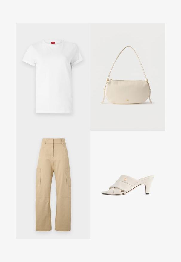 Camiseta blanca de manga corta hecha de algodón ligero. Presenta un escote redondo y mangas enrolladas. Etiqueta de logo roja en el cuello.; Pantalones cargo beige de algodón, con una cintura alta, perneras anchas, dos bolsillos laterales y dos grandes bolsillos cargo en los muslos.; Mules de tacón alto beige con diseño de tira de cuero torcida, punta abierta y detalle de logotipo en relieve. El tacón tiene un detalle en punta negra.; Bolso pequeño de color crema para llevar al hombro, con una sola correa, cierre de cremallera y un sutil logo de la marca en dorado en el frontal.