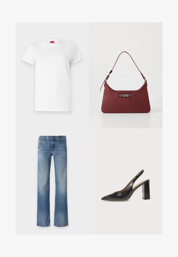 Weißes Kurzarm-T-Shirt aus leichtem Baumwollstoff. Hat einen runden Halsausschnitt und umgeschlagene Ärmel. Rotes Logo-Tag am Kragen.; Helle bluejeans aus Denim mit geradem Bein, ausgewaschenen Details und klassischem Fünf-Taschen-Stil mit sichtbaren Nähten.; Schwarzer Leder-Slingback-Schuh mit spitzer Kappe, hohem Blockabsatz und beigegefüttertem Innenraum vor hellem, einfarbigem Hintergrund.; Kleine rechteckige burgunderfarbene Lederhandtasche mit verstellbarem Riemen und silberner "HUGO"-Logoplatte auf der Vorderseite.