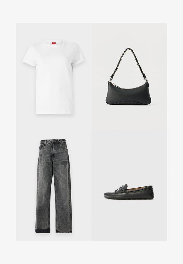 Weißes Kurzarm-T-Shirt aus leichtem Baumwollstoff. Hat einen runden Halsausschnitt und umgeschlagene Ärmel. Rotes Logo-Tag am Kragen.; Schwarze Jeans mit weitem Bein und ausgewaschenem Look, distressed Details an der Vorderseite und klassischem Fünf-Taschen-Design.; Schwarze Lederbootsschuhe mit rundem Zehenbereich, gestickten Details, kleinem Schleifenakzent und Gummisohle. Glatte Textur und schlankes Design.; Schwarze Lederschultertasche mit gewölbter rechteckiger Form, goldener Kette, die in den geflochtenen schwarzen Riemen eingewebt ist, und Reißverschlussverschluss oben.