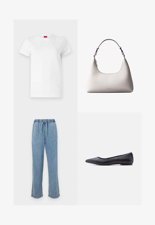 Weißes Kurzarm-T-Shirt aus leichtem Baumwollstoff. Hat einen runden Halsausschnitt und umgeschlagene Ärmel. Rotes Logo-Tag am Kragen.; Helle blaue Jeans mit elastischem Bund, Kordelzug und aufgerollten Säumen. Gerades Bein mit lässiger Passform.; Schwarzer flacher Lederschuh mit spitzer Kappe und niedrigem Absatz, seitlich vor weißem Hintergrund gezeigt.; Cremefarbene Calvin Klein Lederschultertasche mit gebogener Oberkante, silbernem Reißverschluss und dunkelbraunem verstellbarem Riemen.
