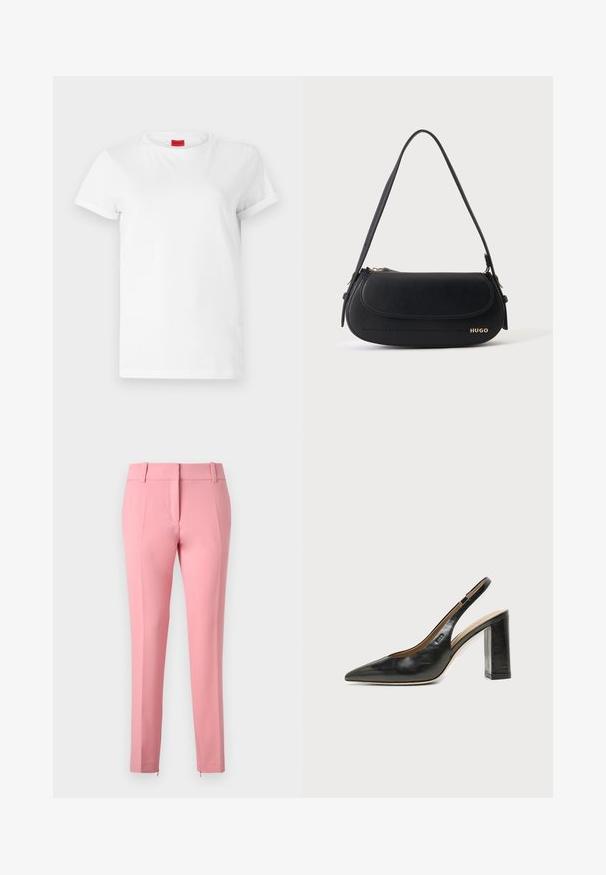 Weißes Kurzarm-T-Shirt aus leichtem Baumwollstoff. Hat einen runden Halsausschnitt und umgeschlagene Ärmel. Rotes Logo-Tag am Kragen.; Rosa maßgeschneiderte Hose mit glatter Textur, geraden Beinen und einem Reißverschlussdetail am Saum. Verfügt über Gürtelschlaufen und ein flaches Frontdesign.; Schwarzer Leder-Slingback-Schuh mit spitzer Kappe, hohem Blockabsatz und beigegefüttertem Innenraum vor hellem, einfarbigem Hintergrund.; Schwarze Lederschultertasche mit geschwungener Klappe, goldenem "HUGO" Logo auf der Vorderseite und einem verstellbaren Riemen.