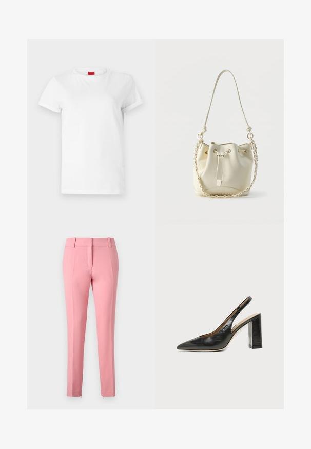 Camiseta blanca de manga corta hecha de algodón ligero. Presenta un escote redondo y mangas enrolladas. Etiqueta de logo roja en el cuello.; Pantalones rosa a medida con una textura suave, piernas rectas y un detalle de cremallera en el dobladillo. Presentan presillas para cinturón y un diseño frontales plano.; Zapato slingback de piel negra con puntera puntiaguda, tacón alto y ancho, y forro interior beige sobre un fondo claro y liso.; Bolso bombonera de cuero crema con cierre de cordón, cadena trenzada y correa de cuero para el hombro, y ojales en tono dorado.