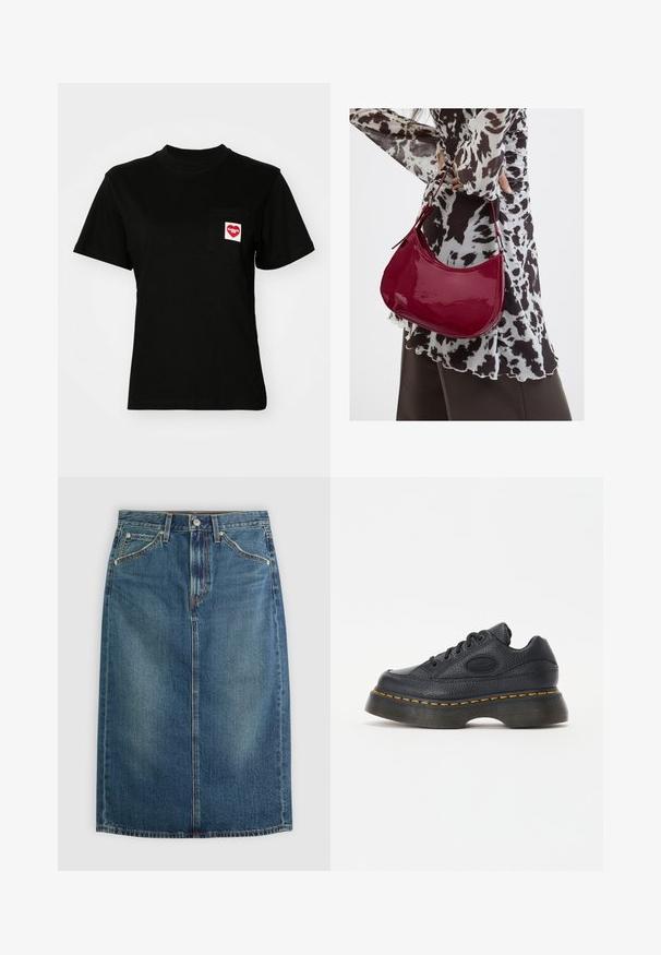 Camiseta de algodón negra con cuello redondo y mangas cortas. Cuenta con un bolsillo frontal con un logo de corazón rojo y texto blanco.; Falda de denim en azul oscuro con una silueta recta, presenta un cierre frontal de botones, cinco bolsillos y acentos de costura en contraste.; Zapatilla de cuero negro con acabado texturizado, punta redonda y suela de plataforma gruesa. Presenta costuras de acento amarillas y logotipo de la marca en el lateral.; Mujer con blusa de estampado en blanco y negro sosteniendo un bolso de hombro rojo brillante sobre un fondo liso.