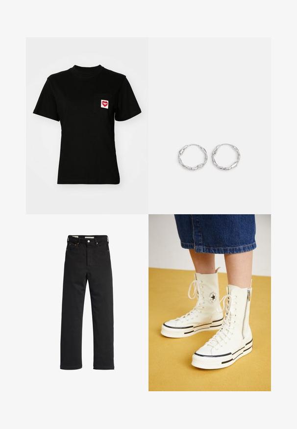 Schwarzes Baumwoll-T-Shirt mit Rundhalsausschnitt und kurzen Ärmeln. Verfügt über eine Brusttasche mit einem roten Herz-Logo und weißem Text.; Schwarze Denim-Jeans mit geradem Bein, hoher Taille, fünf Taschen, Metallknopfverschluss und minimalen Stitching-Details.; Weiße High-Top-Sneaker mit Reißverschluss, Schnürdesign und schwarzen Streifenakzenten auf einer dicken Sohle. Texturiertes Canvas-Material.; Silberne Creolen mit einer welligen, unregelmäßigen Textur. Besitzen eine dünne, kreisförmige Form und eine reflektierende Oberfläche.