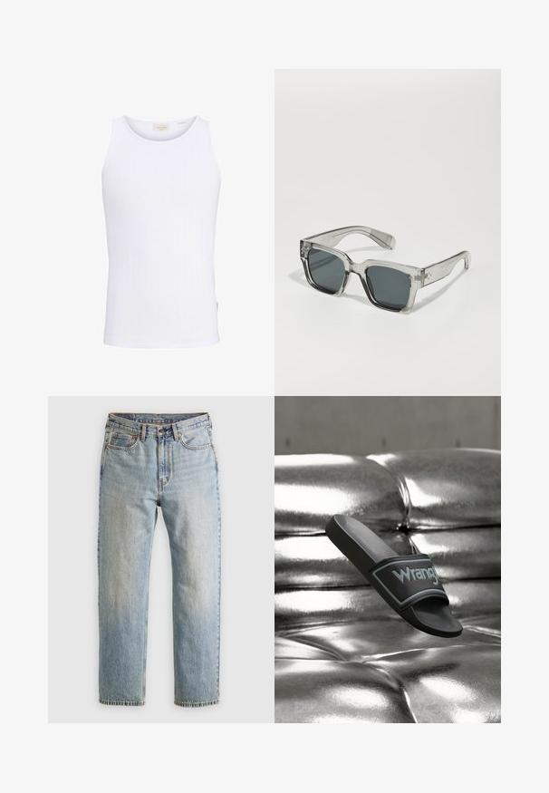 Hvid ribbet ærmeløs tanktop med rund halsudskæring og lille brandetiket på indersiden af kraven.; Lysblå denim jeans med høj talje, frontknap, lynlås og fem-lomme design, lagt fladt på en neutral baggrund.; Sort Wrangler slip sandal, der svæver over en metallisk sølv tuftet sofa i et minimalistisk miljø.; Klare, oversized solbriller med mørke linser, der har en kraftig rektangulær stel og strukturerede stangsnehverv. Fremstillet af transparent kunststof.