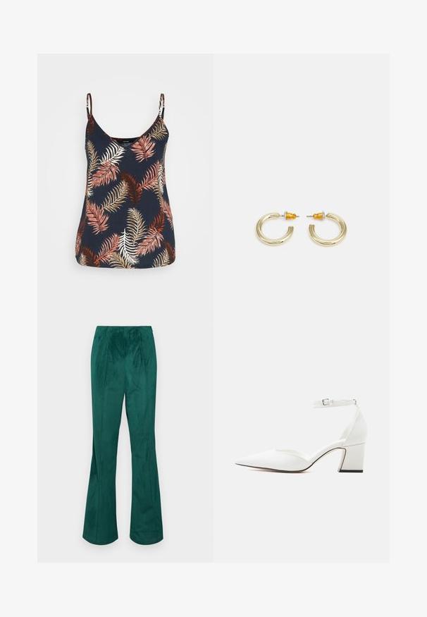 Vero Moda VMEASY SINGLET V NECK - Top - navy; Pantalones acampanados de pana verde con cinturilla elástica y textura de canalé vertical. Presenta un corte recto desde la cintura hasta el dobladillo.; Zapato blanco de punta estrecha y tacón medio con correa en el tobillo y hebilla, acabado liso, y tacón ancho sobre un fondo claro liso.; Pendientes de aro en tono dorado con una forma suave y redondeada y un acabado pulido. Presentan acentos naranjas en la parte trasera para un ajuste seguro.