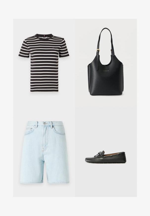 T-shirt à manches courtes rayé noir et blanc avec un col rond et un petit logo sur la poitrine gauche. Matière en coton. Texture douce.; Shorts en denim bleu clair à taille haute, avec un design à cinq poches et une fermeture par bouton en laiton. Présente des coutures discrètes et des bords effilochés.; Bateau en cuir noir avec un bout arrondi, des détails de couture, un petit accent en nœud et une semelle en caoutchouc. Texture lisse et design épuré.; Sac à bandoulière en cuir noir texturé avec des bretelles ajustables et un petit logo doré Tommy Hilfiger sur le devant.