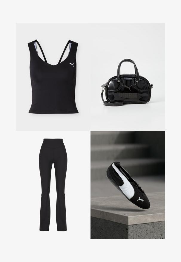 Sort croppet atletisk tanktop med tynde dobbelte stropper og hvid Puma-logo på venstre bryst.; Sorte flared leggings lavet af strækbart stof, med en høj talje og glat tekstur, designet til komfort og bevægelighed.; Sort-hvid Puma sneaker med snørebånd, svævende over en betonkant mod en sløret grå trappebaggrund.; Sort lakeret håndtaske med dobbelte top-håndtag, aftagelig skulderrem, rund form og et fremtrædende præget "PUMA"-logo.