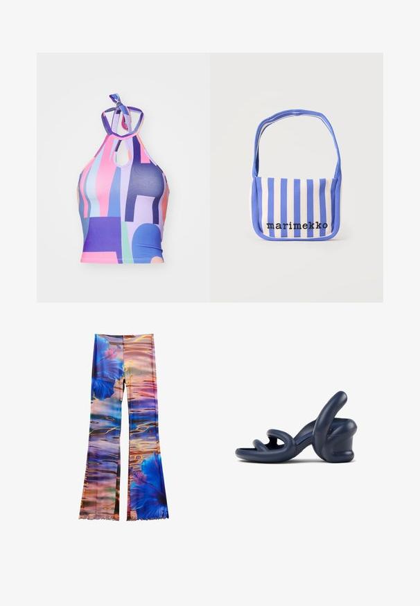 Kleurrijke haltertop met abstracte geometrische patronen in paars, roze en blauw, met een keyhole-detail en een gladde textuur.; Leggings met een levendige print van grote blauwe hibiscusbloemen op een kleurrijk, reflecterend wateroppervlaktepatroon.; Marineblauwe hoge sandaal met hak gemaakt van soepel synthetisch materiaal; heeft gebogen bandjes en een unieke sculptuurhakontwerp.; Blauw-witte schoudertas van stof met verticale strepen, met de tekst "marimekko" in zwart geborduurd op de voorkant.