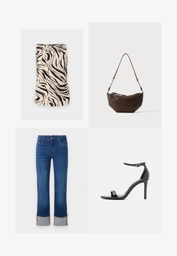 Sort og creme zebra print tanktop med en tekstureret stof, tætsiddende design og rund halsudskæring. Har horisontal ruching langs siderne.; Blå denimjeans med lige ben, der har opkrøllede manchetter i lys grå. Mellemhøj talje og traditionelt fem-lomme design.; Sorte patentlæder højhælede sandaler med en slank ankelstrop, åben tå, minimalisk design og en glat, blank finish.; Brun læder skuldertaske med buet bund og justerbar rem mod en ensfarvet lys baggrund.