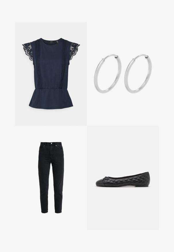 Vero Moda Tall VMCAIA LACE - Débardeur - navy blazer; Jean en denim noir taille haute avec bouton et fermeture éclair à l'avant, deux poches avant et jambe fuselée sur fond blanc.; Ballerines noires en cuir matelassé. Présentent un bout rond et un petit nœud décoratif près de l'avant. Semelle basse pour un confort optimal.; Boucles d'oreilles en argent, de forme circulaire, avec une texture lisse et brillante, et une largeur constante. Design minimaliste sans accents supplémentaires.