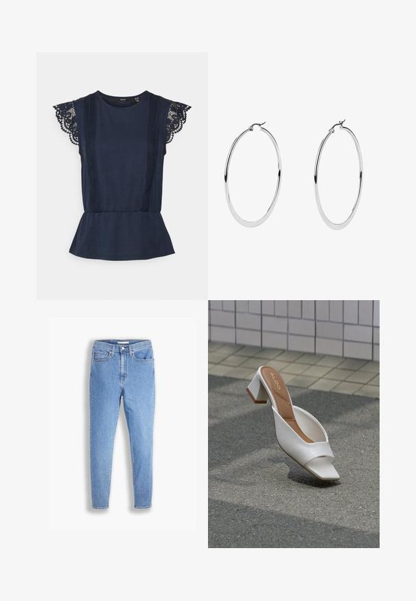 Vero Moda Tall VMCAIA LACE - Top - navy blazer; Lichtblauwe hoge taille slim-fit jeans met voor- en achterzakken, knoopsluiting en riemlussen op een witte achtergrond.; Witte muil met open teen, blokhak en bruine binnenzool met label "ALDO", geplaatst op asfalt met een betegelde muur op de achtergrond.; Grote zilveren creolen met een gepolijste metalen afwerking, met een glad, circulair ontwerp en een veilige sluiting.