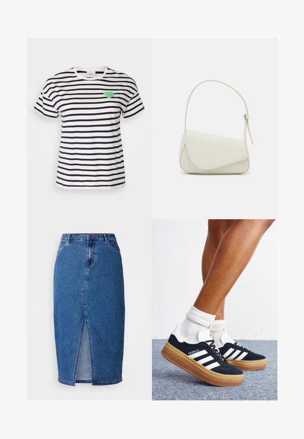 Kortærmet T-shirt med rund hals i sort og hvidstribet, med et grønt fuzzy hjertepatch på venstre brystområde.; Denim nederdel i mellemblå med en frontslids, høj talje, fem lommer og bæltesløjfer. Stoffet har en tekstureret finish.; Ben iført hvide sokker og sorte Adidas Gazelle sneakers med hvide striber og tykke brune såler på et gråt tæppe.; Hvid taske i faux læder med en struktureret trekantet form, enkelt justerbart skulderstrop og en flaplås med kurver.
