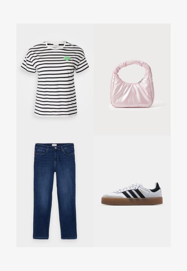 Kortærmet T-shirt med rund hals i sort og hvidstribet, med et grønt fuzzy hjertepatch på venstre brystområde.; Mørkeblå denim jeans med lige pasform, fem-lomme design, synlige sømme og en metalknaplukning i taljen.; Hvide lædersneakers med sorte striber, gummirubber sål, rund tå, snørelukning og blød grå ruskinds tåhætte.; Rosa, polstret håndtaske med afrundet design, lavet af skinnende materiale. Har et samlet håndtag og en lynlås til sikker adgang.