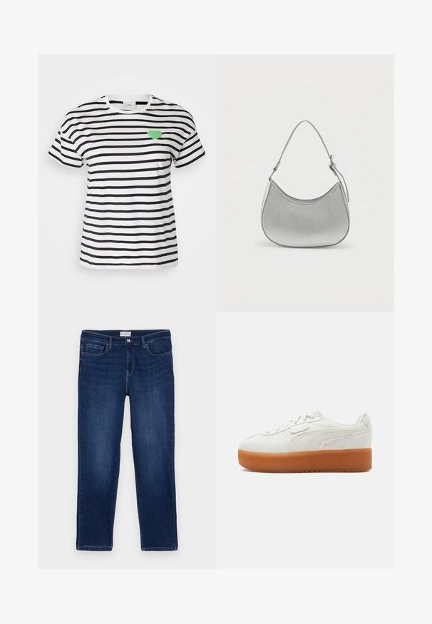 Kortærmet T-shirt med rund hals i sort og hvidstribet, med et grønt fuzzy hjertepatch på venstre brystområde.; Mørkeblå denim jeans med lige pasform, fem-lomme design, synlige sømme og en metalknaplukning i taljen.; Hvid lavsko med tyk brun gummisål, syningsdetaljer på siden og snørelukning med lille velcrostykke.; Sølv faux læder håndtaske med en buet form, kort justerbar strop og glat overflade, præget af minimal syning.