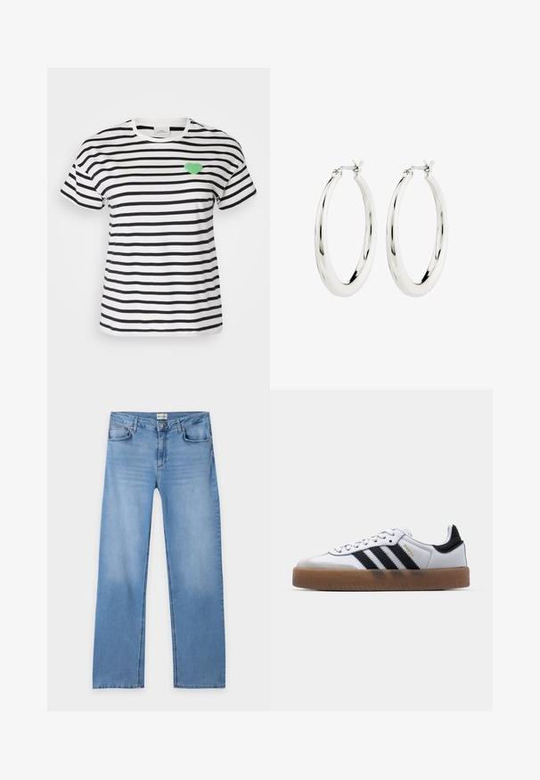 Korteboom T-shirt met ronde hals in zwart-witte strepen, met een groen fuzzy hartpatch op de linkerkant van de borst.; Lichtblauwe rechte jeans met knoop- en ritssluiting, riemlussen en vijf zakken, plat neergelegd op een witte achtergrond.; Witte leren sneakers met zwarte strepen, gumrubberen buitenzool, ronde neus, vetersluiting en een zachte grijze suède neuskap.; Zilveren oorbellen in de vorm van een gladde, glanzende ring. Circulaire vorm, voorzien van een veilige sluiting. Eenvoudig en elegant ontwerp.