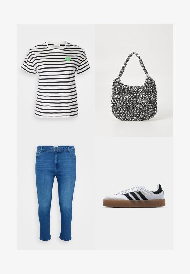 Korteboom T-shirt met ronde hals in zwart-witte strepen, met een groen fuzzy hartpatch op de linkerkant van de borst.; Blauwe denim jeans met een hoge taille, voorknop en rits, vijf zakken en een slim rechte pasvorm.; Witte leren sneakers met zwarte strepen, gumrubberen buitenzool, ronde neus, vetersluiting en een zachte grijze suède neuskap.; Geweven handtas in zwart en wit met een ronde vorm, gestructureerd oppervlak en een gevlochten handvat. Geschikt voor dagelijks gebruik.