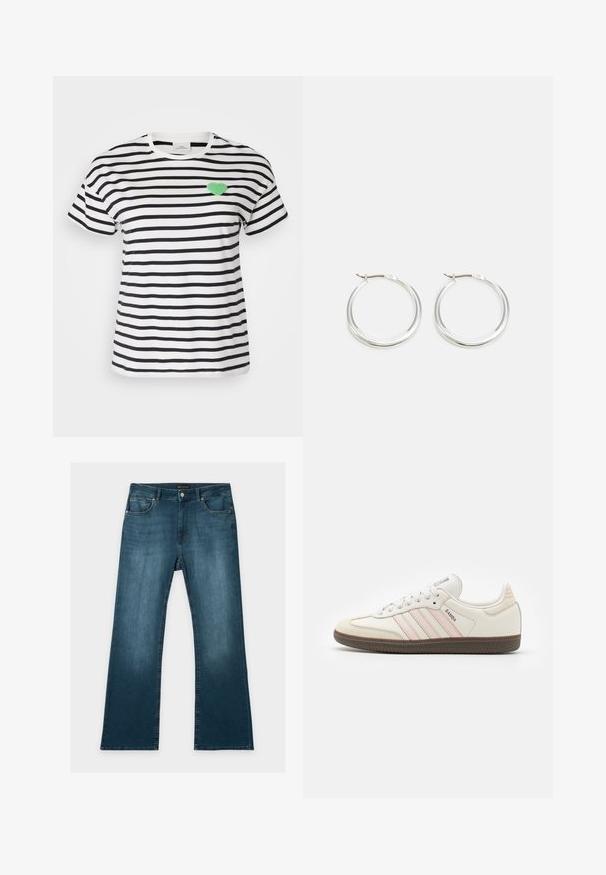 Korteboom T-shirt met ronde hals in zwart-witte strepen, met een groen fuzzy hartpatch op de linkerkant van de borst.; Blauwe jeans met rechte pijpen, voor- en achterzakken, knoop- en ritssluiting, en subtiele vervaagde details op dijen en knieën.; Witte leren sneakers met roze accentstrepen, een rubberen bruine zool en een suède neuskap. Voorzien van veters en een merklabel op de tong.; Zilveren hoop oorbellen hebben een glad, rond ontwerp met een dun profiel en een veilige sluiting. Minimalistische stijl met een gepolijste afwerking.