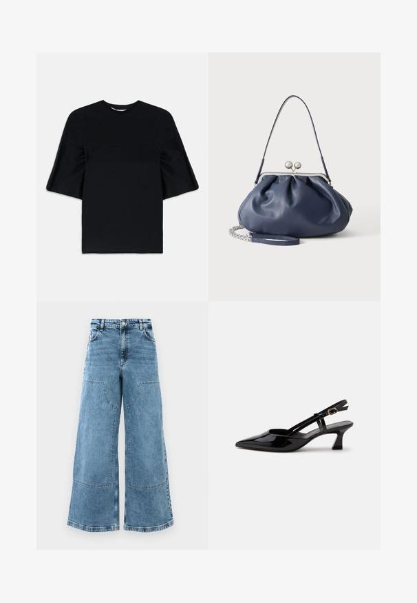 Zwart kort mouwtop met brede, uitlopende mouwen en een ronde halslijn, weergegeven op een witte achtergrond.; Lichtblauwe denim wijde pijpen jeans met een hoge taille, grote voorkruiden en zichtbare stiksels. Beschikt over een klassieke vijf-pocketontwerp.; Zwarte lakleren slingback kitten heel schoen met spitse neus en verstelbare gouden gespsluiting op een witte achtergrond.; Zachte navyblauwe leren handtas met zilveren sluiting, enkele schouderband en afneembare ketting polsband op witte achtergrond.