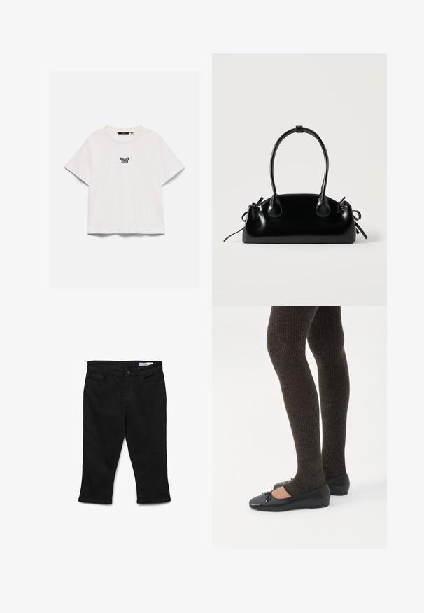 Valge lühikeste varrukatega T-särk ümmarguse kaelusega ja väike lilla-must liblikagraafika rinnal keskel.; Mustad mustat denim capri-püksid sirge lõikega, viie tasku disainiga ja ees nupuga kinnitusega. Omab õmmeldud äärte ja siledat tekstiili.; Jalad seljas tumedad soonelises soonelises kombines mustade baleriinadega, millel on väikesed paelade detailid valgel taustal.; Väike must läikiv käekott kahe pika sangaga ja külgedel paelakinnitustega, ühel lihtsal helel taustal.